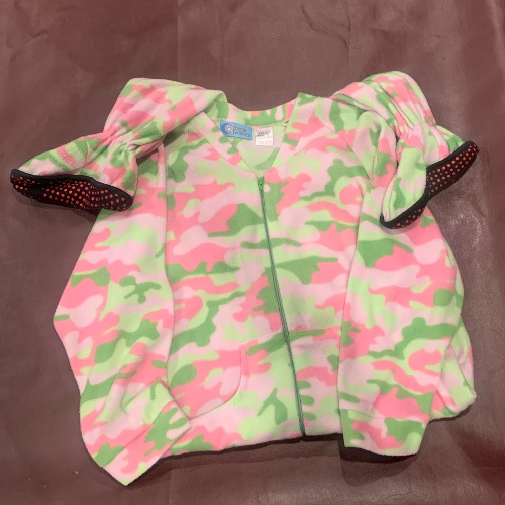 Pink and green camo pajama onesie with slipper sock feet